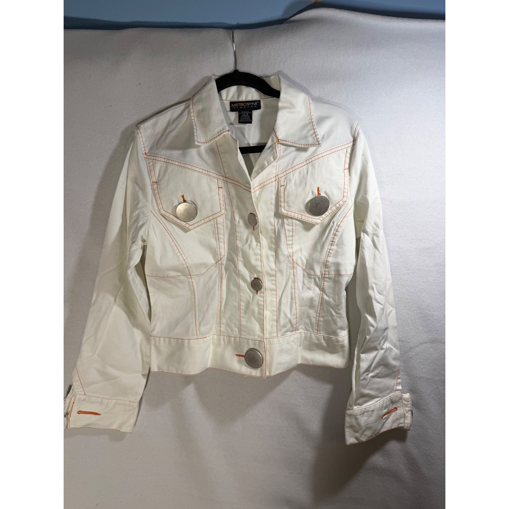Metrostyle White Denim Jacket Orange Contrast Stitch Oversized Buttons Size 8
